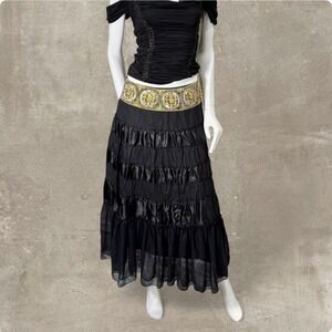 Y2K Boho Tiered Maxi Skirt Sequined Embroidered Paisley Waist Black Medium